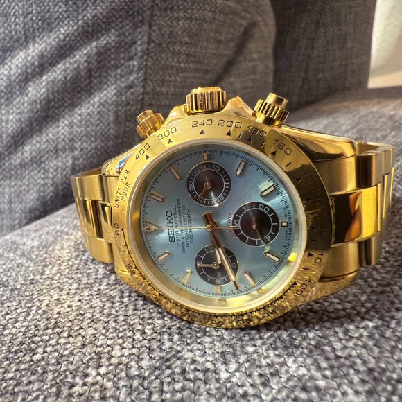 seiko mod custom gold ice blue dial daytona chronograph watch - Picture 1 of 4